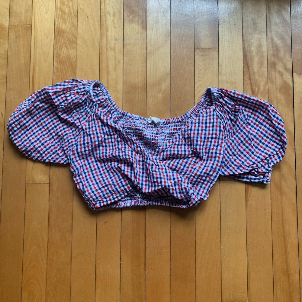 Plaid Puff Sleeve Crop Top (XS)